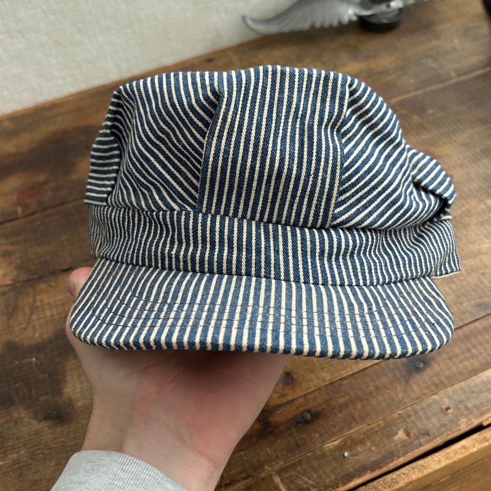 Vintage Railroad Engineer Hat Cap Mens Snap Back Blue Hickory Stripe Workwear